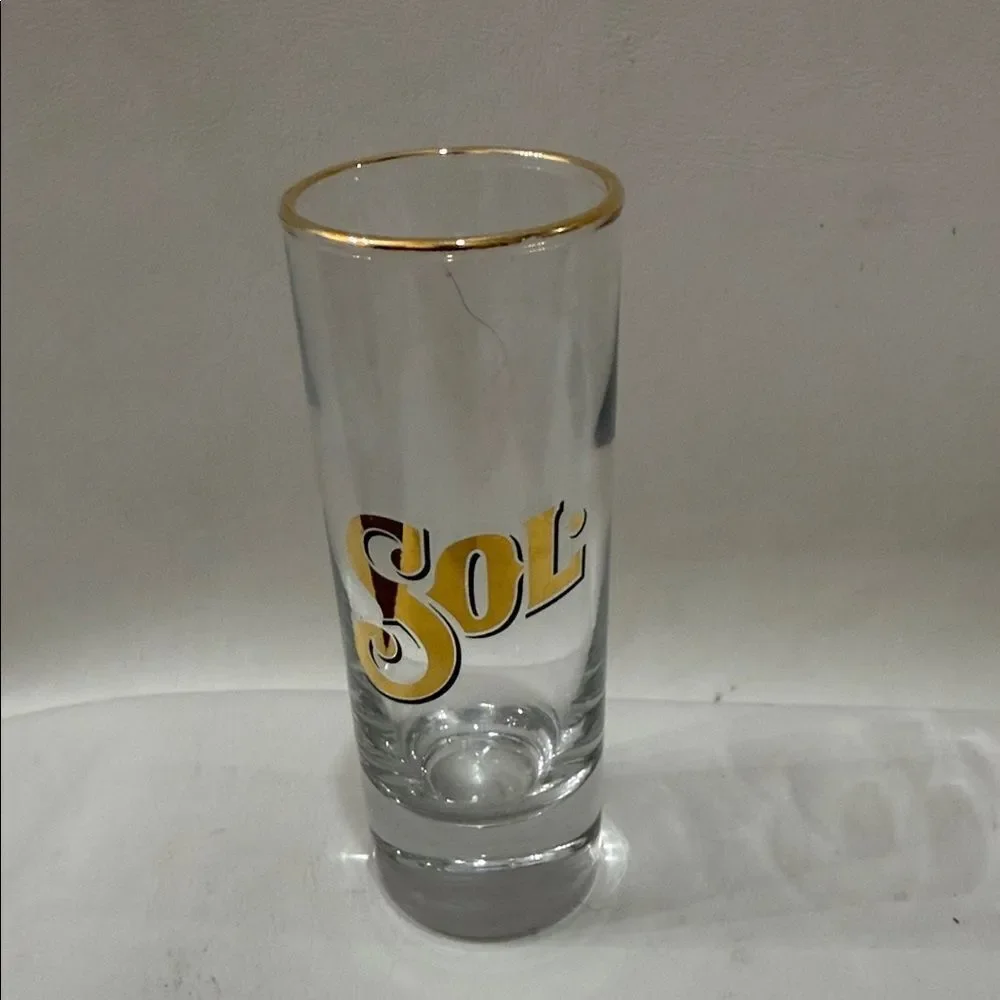 Sol Tequila Gold Rim 4 Oz Clear Shot Glass Gold Trim 4 1/4 In Tall 1 1/2 Round